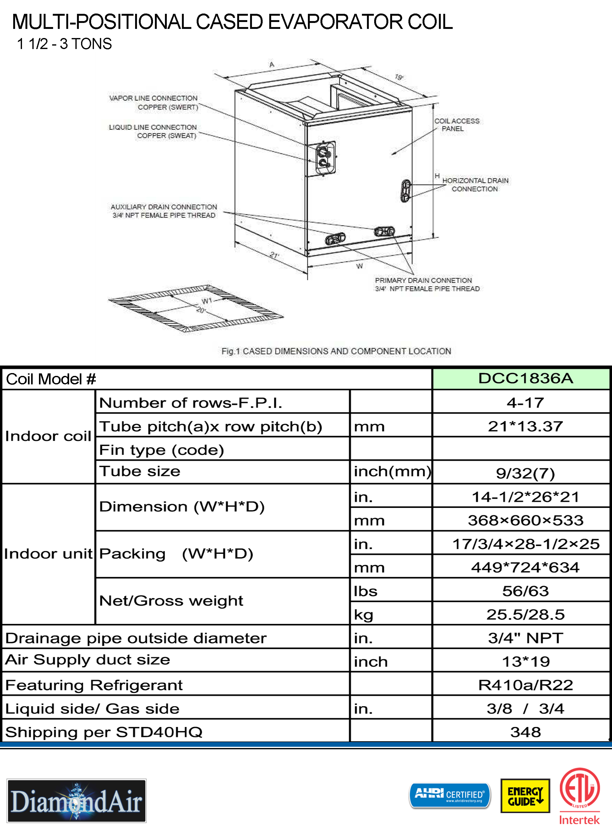1.5 - 3 Ton DiamondAir Multi-Positional Cased Coil DCC1836A (F)